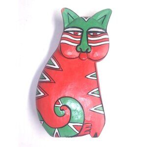 Laurel Burch Cat Statue VTG 80s Wooden Figurine 8.5" lightweight orange green